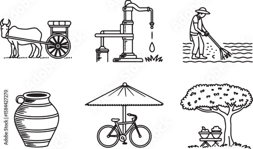Ox cart water pump farmer with rake pot bicycle under umbrella and tree with fruit bullock cart hand pump