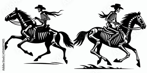 Skeleton as cowboy Riding a horse. Halloween Skull Bones Clipart Line Art Vector Illustration. Boney man rancher atop steed equine mount for the undead gunslinger.