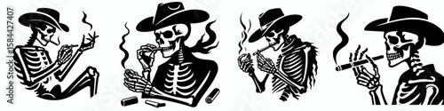 Skeleton as cowboy Rolling a cigarette. Halloween Skull Bones Clipart Line Art Vector Illustration. Bony gunslinger prepares smoke western theme bone man with hand rolled cigar.