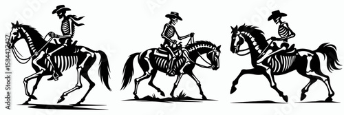 Skeleton as cowboy Saddling a horse. Halloween Skull Bones Clipart Line Art Vector Illustration. Bone figure rancher mounting steed western theme illustration.
