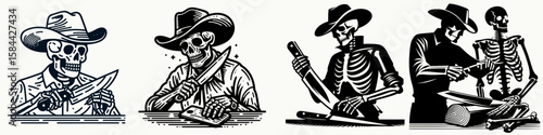 Skeleton as cowboy Sharpening a knife. Halloween Skull Bones Clipart Line Art Vector Illustration. Bony gunslinger honing blade western character preparing cutting tool.