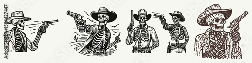 Skeleton as cowboy Shooting a gun. Halloween Skull Bones Clipart Line Art Vector Illustration. Bony gunslinger brandishing firearm western figure with costume.