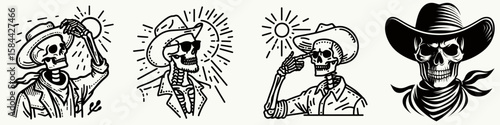 Skeleton as cowboy Squinting in the sun. Halloween Skull Bones Clipart Line Art Vector Illustration. Bony gunslinger peering into sunlight desert theme western concept.