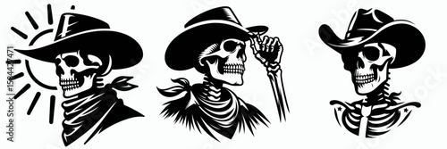 Skeleton as cowboy Squinting in the sun. Halloween Skull Bones Clipart Line Art Vector Illustration. Boney man like rancher staring at bright light on a sunny day.