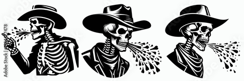Skeleton as cowboy Spitting. Halloween Skull Bones Clipart Line Art Vector Illustration. Bony gunslinger expectorate western character hawking.