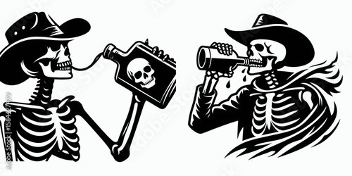 Skeleton as cowboy Taking a swig from flask. Halloween Skull Bones Clipart Line Art Vector Illustration. Bony gunslinger enjoys drink pocket bottle western figure.