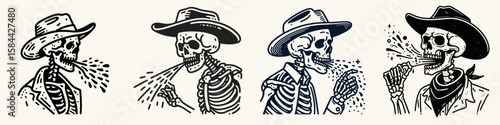 Skeleton as cowboy Spitting. Halloween Skull Bones Clipart Line Art Vector Illustration. Bony gunslinger expectorate western bone figure ejecting chew dry.