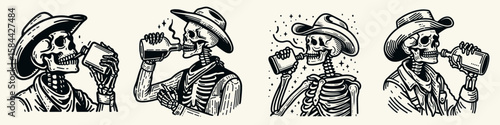 Skeleton as cowboy Taking a swig from flask. Halloween Skull Bones Clipart Line Art Vector Illustration. Bony rancher figure drinks potion vial western character theme.