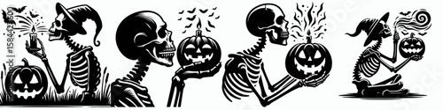 Skeleton blowing out a jack o lanterns candle. Halloween Skull Bones Clipart Line Art Vector Illustration. Bone figure extinguishing carved pumpkin light spooky autumn holiday.