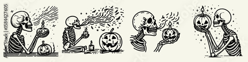 Skeleton blowing out a jack o lanterns candle. Halloween Skull Bones Clipart Line Art Vector Illustration. Bony figure extinguishes autumn gourd light creepy image.
