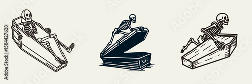 Skeleton climbing out of a coffin. Halloween Skull Bones Clipart Line Art Vector Illustration. Bone figure emerging from box scary image about death and the grave.