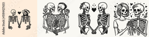 Skeleton couple holding hands Valentine. Halloween Skull Bones Clipart Line Art Vector Illustration. Dead pair grasp palm loving day bony figure romantic holiday decor.