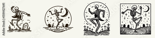 Skeleton dancing in a graveyard. Halloween Skull Bones Clipart Line Art Vector Illustration. Bony figure doing jig at burial ground dark celebration of mortality.