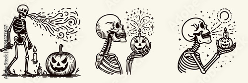 Skeleton blowing out a jack o lanterns candle. Halloween Skull Bones Clipart Line Art Vector Illustration. Bony figure extinguishing illumination inside carved gourd for festivity.
