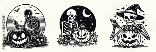 Skeleton carving a jack o lantern. Halloween Skull Bones Clipart Line Art Vector Illustration. Bony figure shaping pumpkin head decoration project.