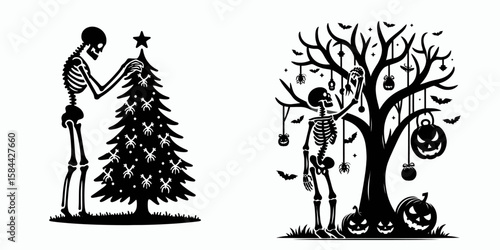 Skeleton decorating a Halloween tree. Skull Bones Clipart Line Art Vector Illustration. Bony figure adorning spooky holiday shrub autumn season celebration motif.