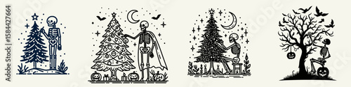 Skeleton decorating a Halloween tree. Skull Bones Clipart Line Art Vector Illustration. Bony figure adorning spooky season fir festive fall concept.