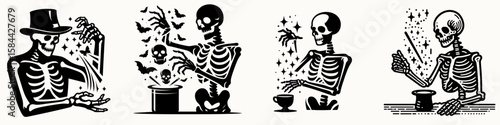 Skeleton doing a spooky magic trick. Halloween Skull Bones Clipart Line Art Vector Illustration. Bony phantom performing chilling illusion spectral theatrical effect.