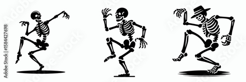Skeleton doing a spooky dance. Halloween Skull Bones Clipart Line Art Vector Illustration. Bone figure performing scary jig ghostly celebration move.