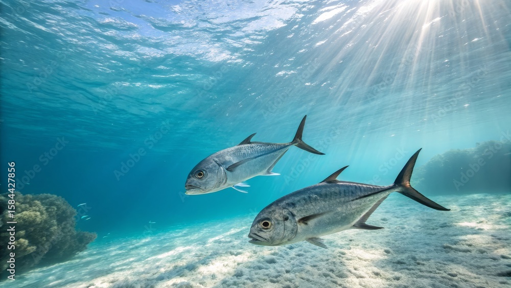 Fototapeta premium Underwater Duo Two Jacks in Sunlit Reef, Ocean Photography, Fish , Marine Life