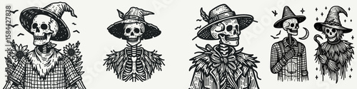 Skeleton dressed as a scarecrow. Halloween Skull Bones Clipart Line Art Vector Illustration. Bony figure in harvest garment spooky autumn adornment festive rural concept.