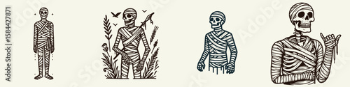 Skeleton dressed as a mummy. Halloween Skull Bones Clipart Line Art Vector Illustration. Bony figure in bandage costume spooky undead wrappings theme.