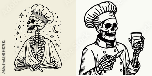 Skeleton dressed as a spooky chef. Halloween Skull Bones Clipart Line Art Vector Illustration. Bony figure in scary cook garb culinary horror theme for time.