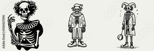 Skeleton dressed as a spooky clown. Halloween Skull Bones Clipart Line Art Vector Illustration. Bony figure in bizarre jester costume frightful harlequin concept.