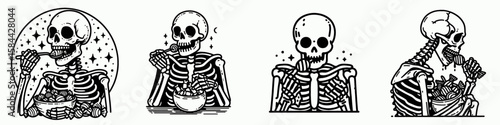 Skeleton eating Halloween candy. Skull Bones Clipart Line Art Vector Illustration. Bony figure enjoys sugary treat on october holiday.