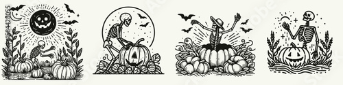 Skeleton emerging from a pumpkin patch. Halloween Skull Bones Clipart Line Art Vector Illustration. Bony figure rising gourd field autumn harvest haunt scene.