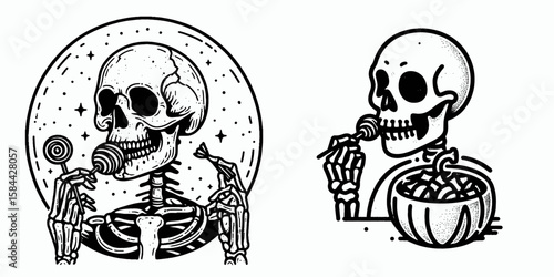 Skeleton eating Halloween candy. Skull Bones Clipart Line Art Vector Illustration. Bony figure devouring holiday treat a sweet october festivity picture.