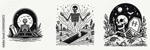 Skeleton emerging from a grave Halloween. Halloween Skull Bones Clipart Line Art Vector Illustration. Spooky bone figure rising burial plot autumn holiday.