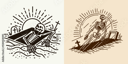 Skeleton emerging from a grave. Halloween Skull Bones Clipart Line Art Vector Illustration. Dead bone figure rising burial plot spooky scene horror concept.
