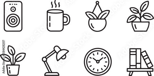 Speaker hot drink hanging plant potted plant desk lamp clock books audio sound