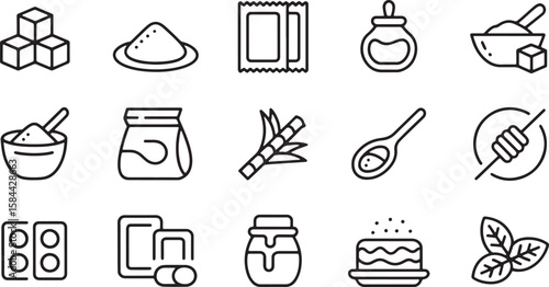 Sugar cubes powder packet honey jar spoon sugarcane cake and mint leaves sugar powder