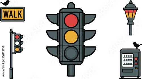Traffic signals street lamp vending machine walk sign with birds traffic light