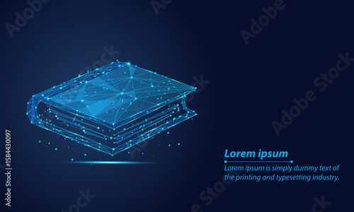 Abstract Low-poly wireframe glowing digital online book.polygonal image of a notebook on a dark blue background,  futuristic knowledge, e-learning, and technology in education.