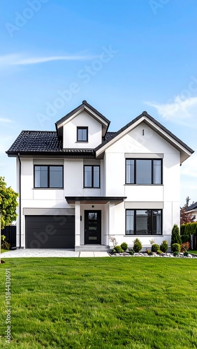 Modern white house on green lawn