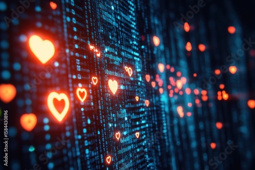 Floating social media icons--like, heart, follower--rising through glowing interface code