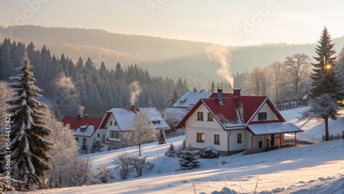 Winter Village Sunset Snowy...