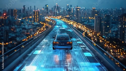 Autonomous vehicle on illuminated highway, futuristic cityscape backdrop