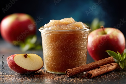 Cinnamon spiced fresh organic applesauce on a backdrop