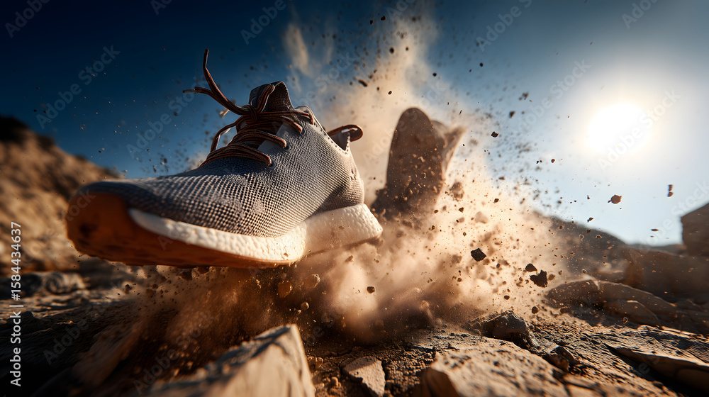 Obraz premium Statement in Stride Stylish sneakers kick up dust as they land on a dry cracked surface. 