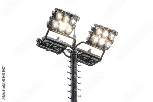 Stadium lighting pole with multiple lamps provides bright illumination for outdoor sports and events at night