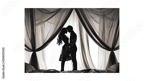 A silhouette showcases a loving couple embracing intimately amidst draped fabric...