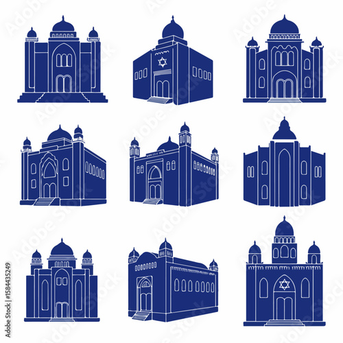 Set of diverse synagogue silhouettes, illustrating traditional and modern Jewish places of worship in a monochromatic blue and white vector design.