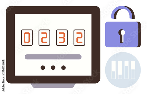 Computer screen displaying numeric code, purple padlock symbol, and circle with bar indicators. Ideal for data protection, cybersecurity, password security, encryption, access control