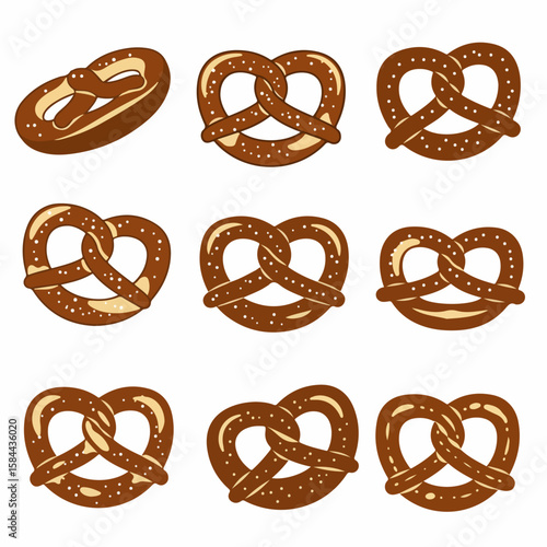 Set of traditional Bavarian pretzels with salt, isolated cartoon illustrations, ideal for bakery or snack designs