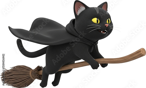 Spooky Black Cat Riding Broomstick with Cape on Halloween Night