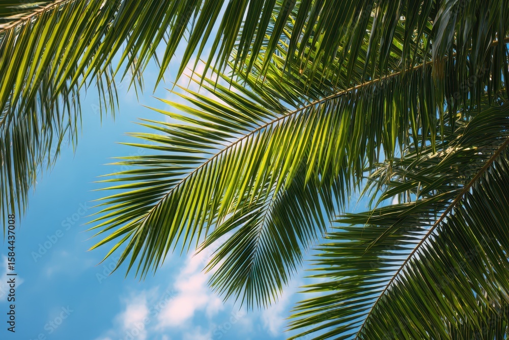 Close up of green palm leaves against a blue sky Close up of green palm leaves against a blue sky